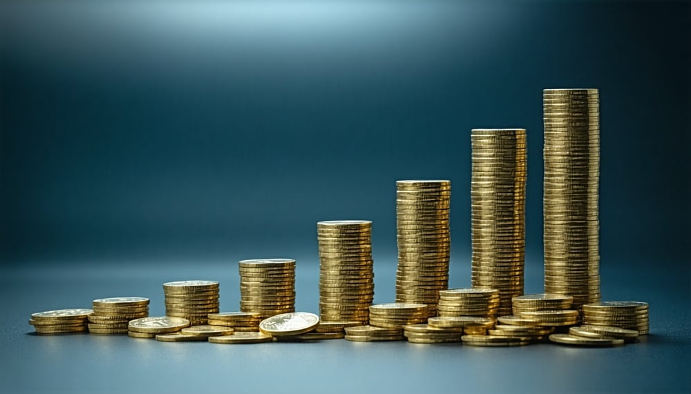 Illustration of digital coins increasing in value Illustration of digital coins increasing in value